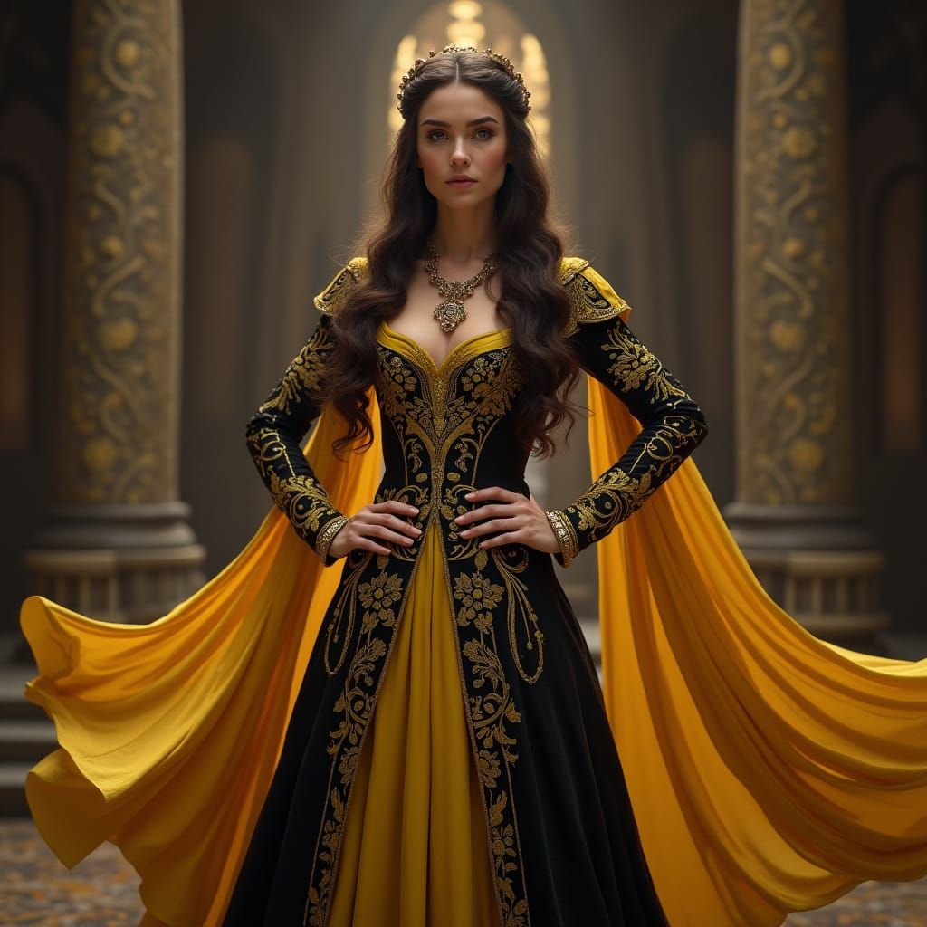Regal Medieval Queen in Vibrant Yellow and Black Gown
