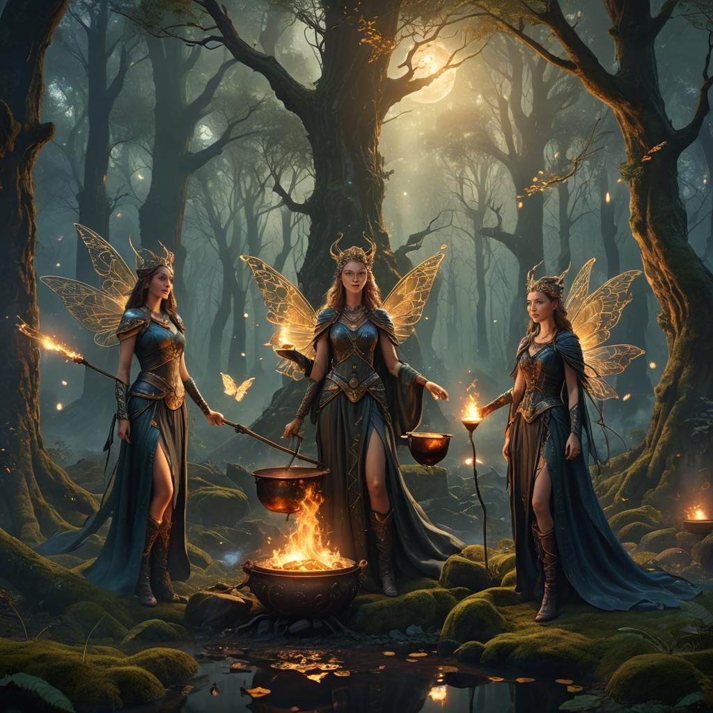 Triple Goddesses Around Smoky Cauldron in Magical Forest