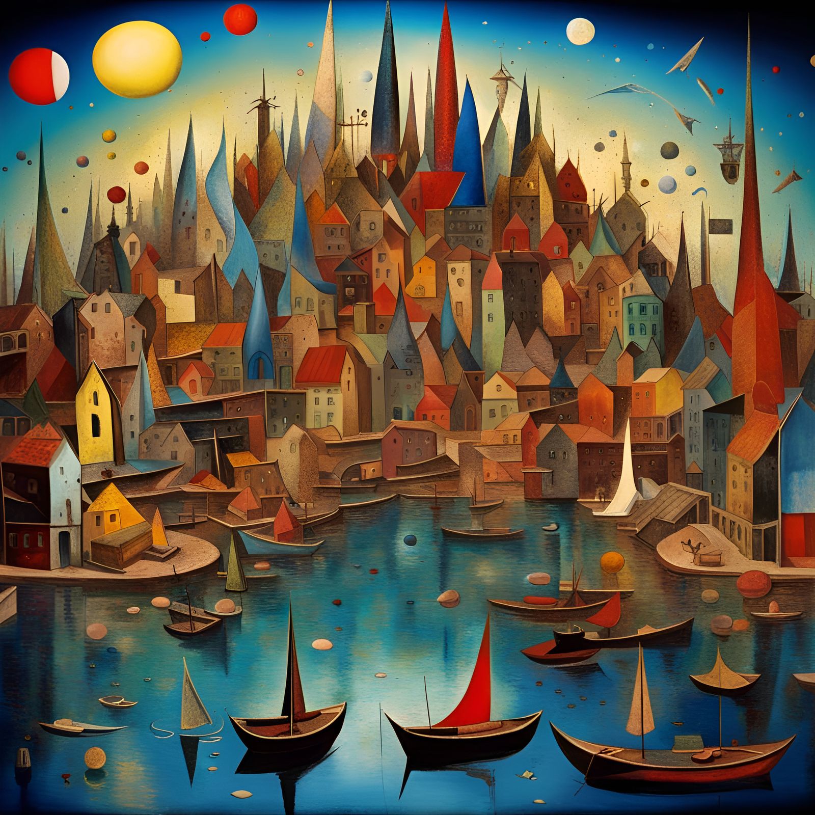 Abstract 3D City Harbor: Surreal Maximalist Painting