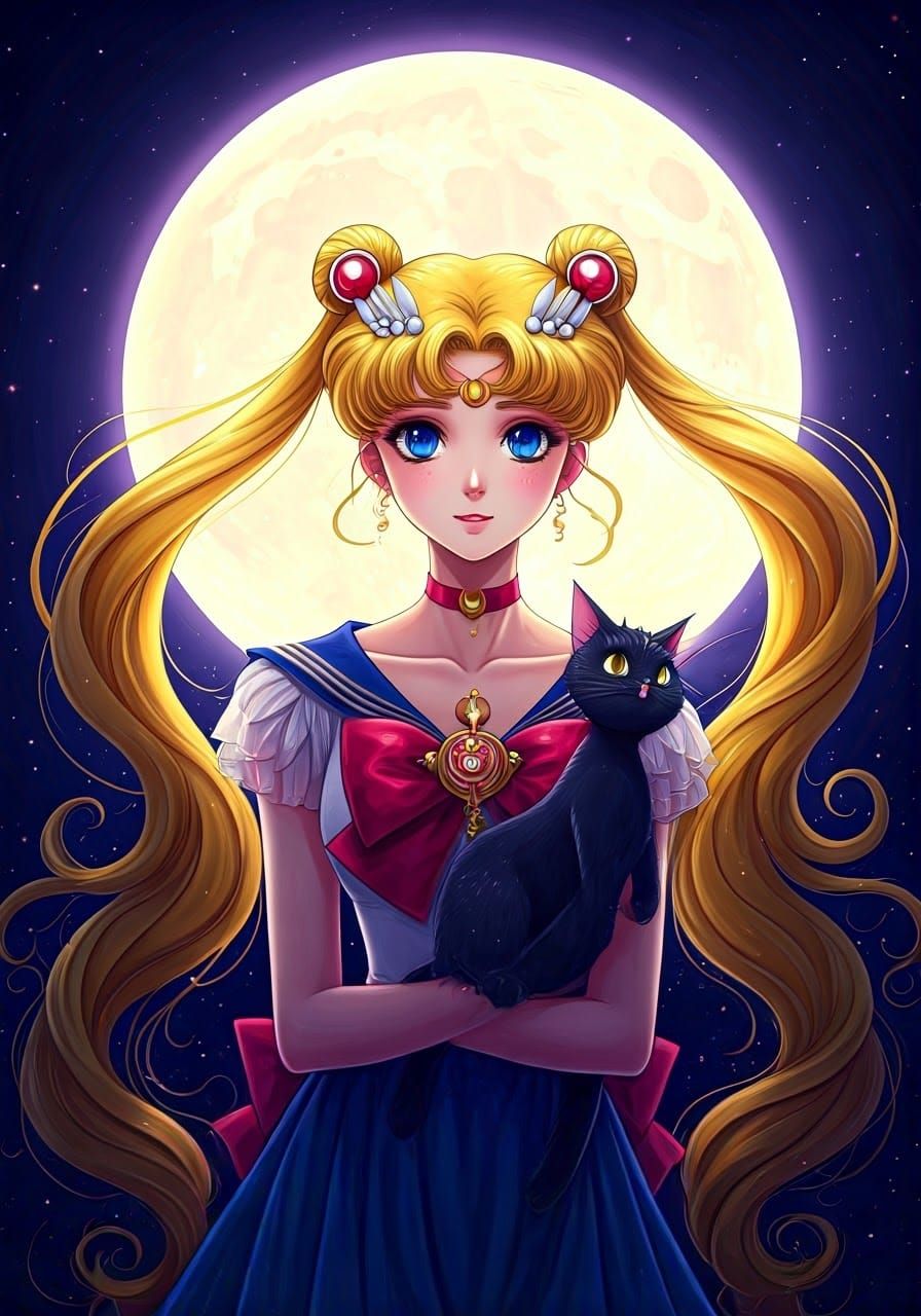 Sailor Moon and Luna Under a Magical Full Moon