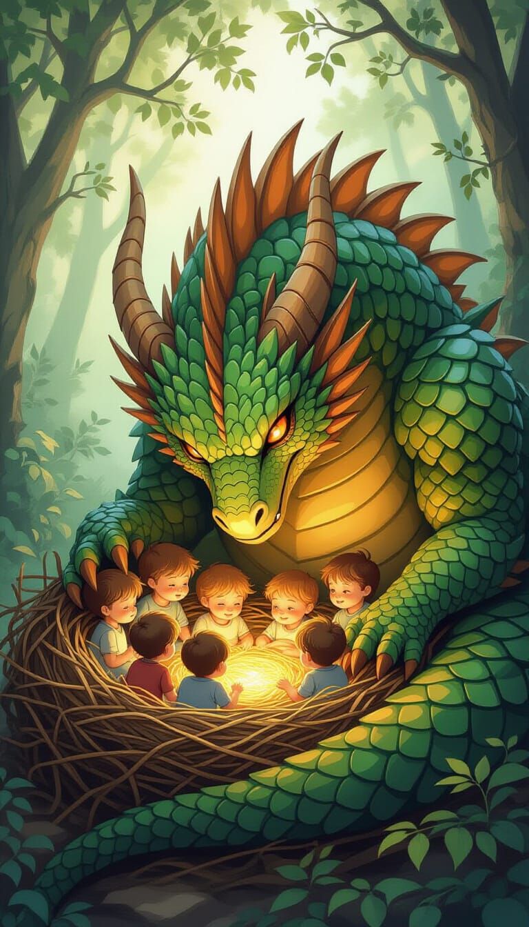 Emerald Dragon Protecting Children in Mystical Forest