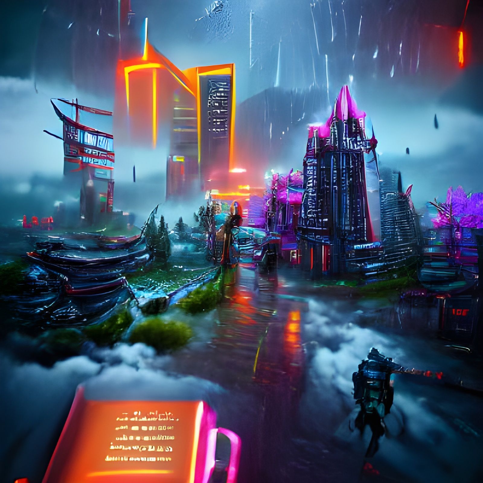 Neon Cyberpunk Cityscape in Rainy Dystopian Future