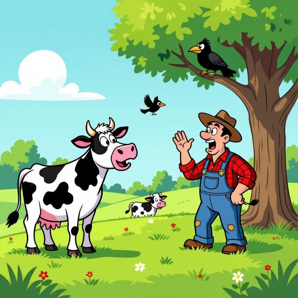 Cows Mooing at Crow in Meadow, Cartoon Style
