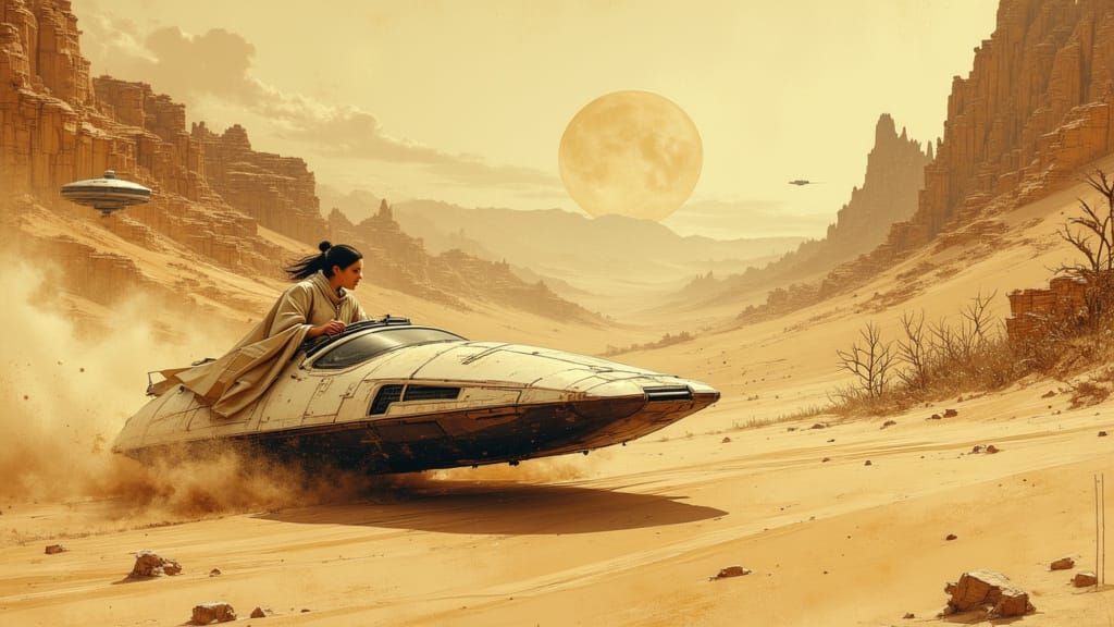 High-Speed Desert Speeder with Goggled Driver