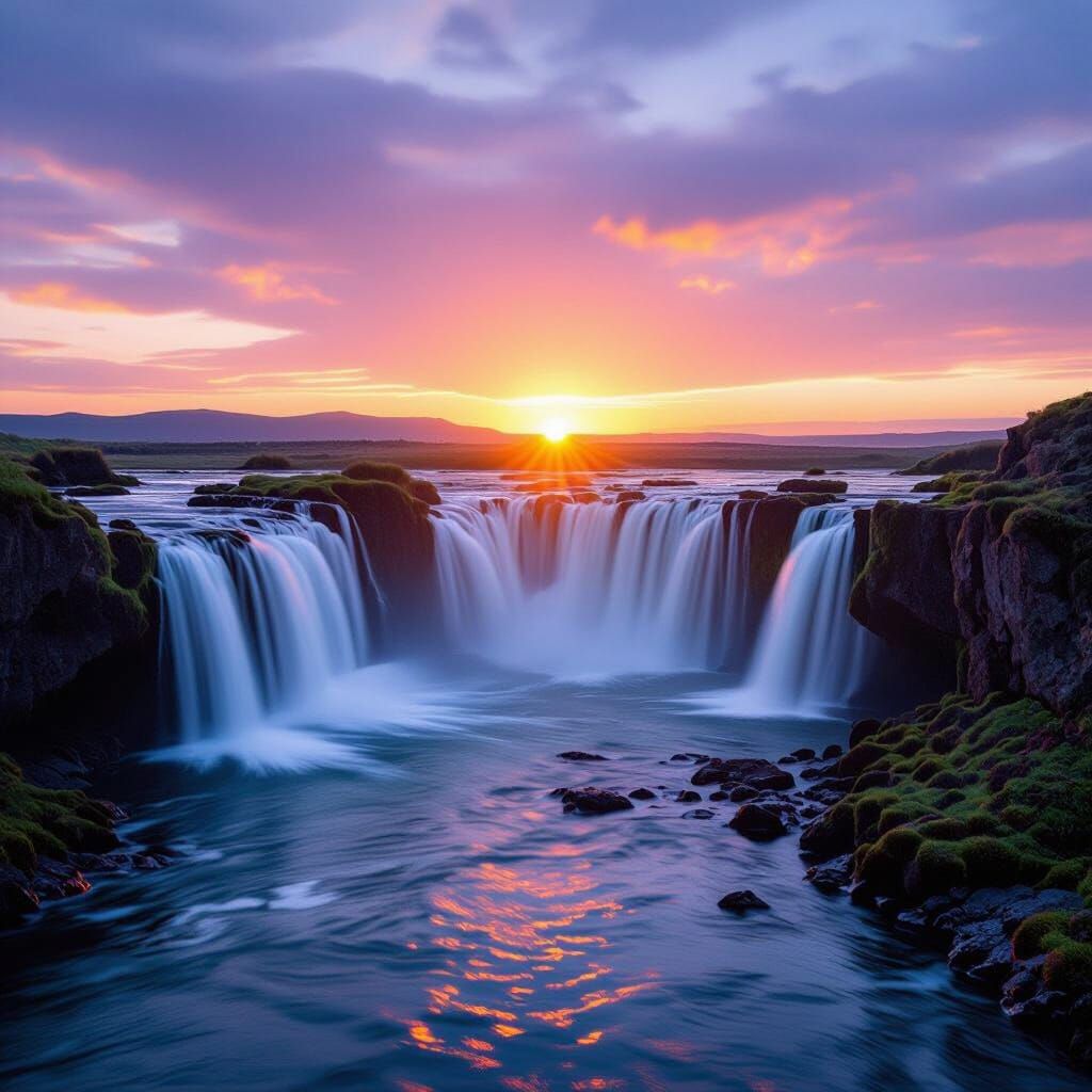 Vibrant Sunset Over Majestic Waterfalls