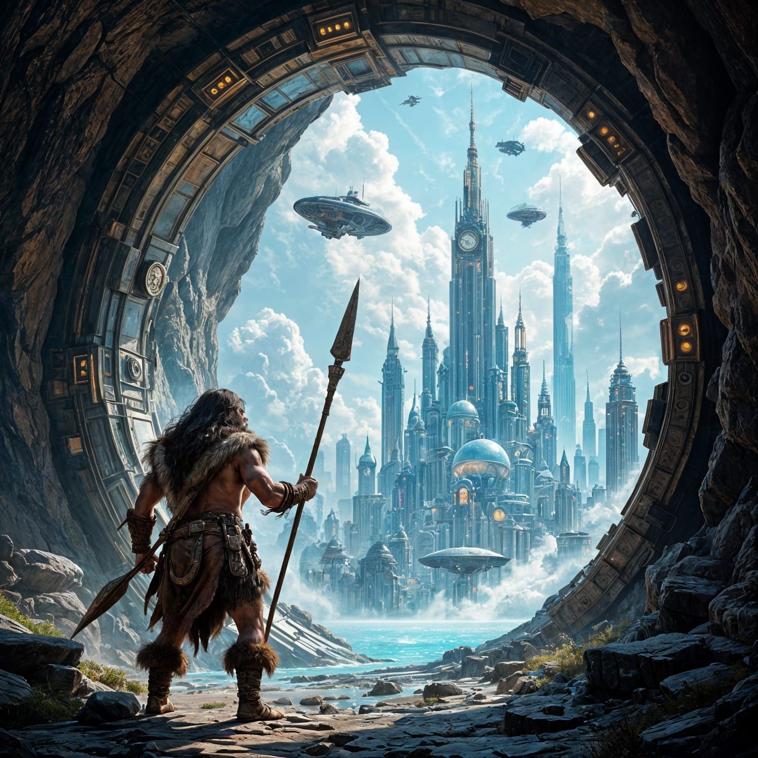 Caveman Discovers Steampunk Portal to Future City