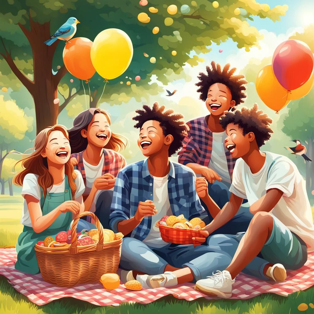 Friends Laughing in Sunlit Park: Nostalgic Digital Art