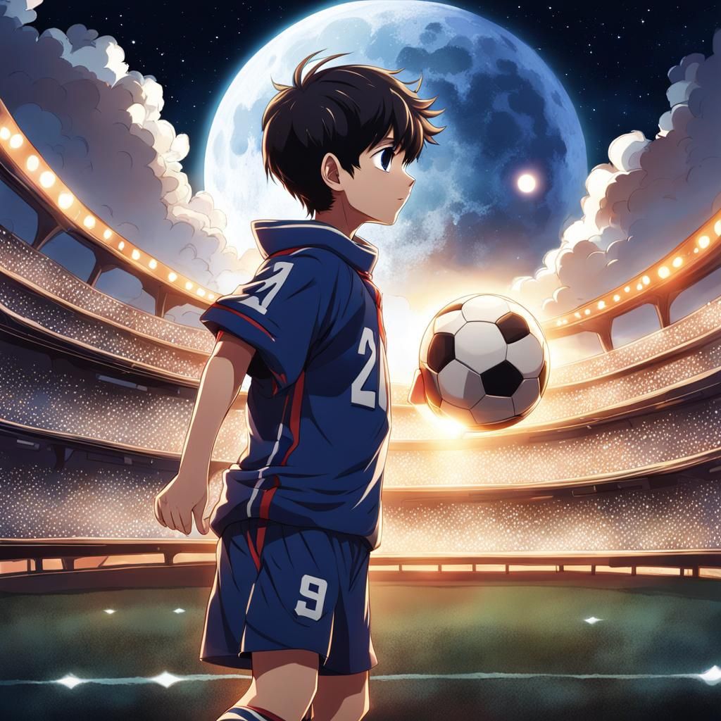 Boy Plays Football on Moon in Anime Style