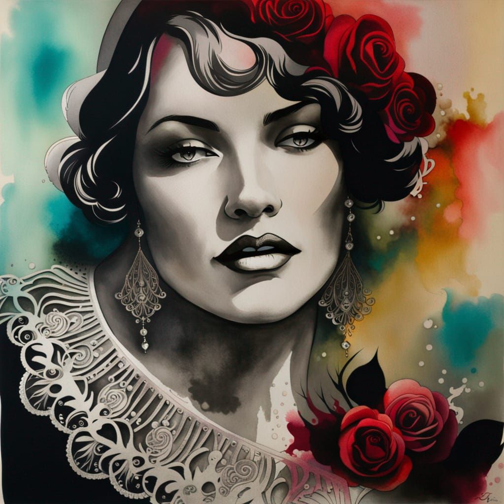 Elegant 1920s Woman with Red Roses in Ink Wash Style
