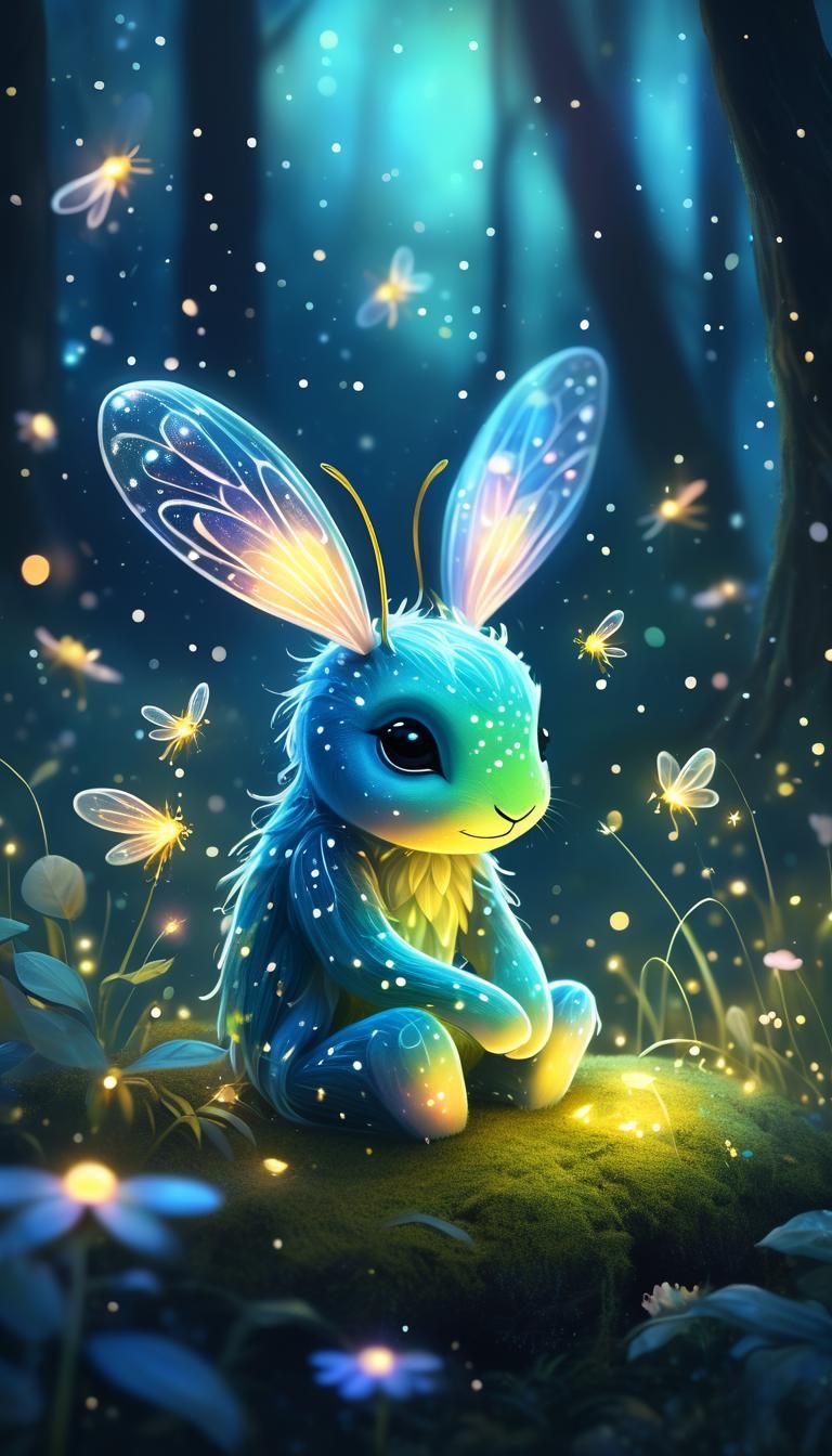 Mythical creature snuggling with delicate, luminescent firef...