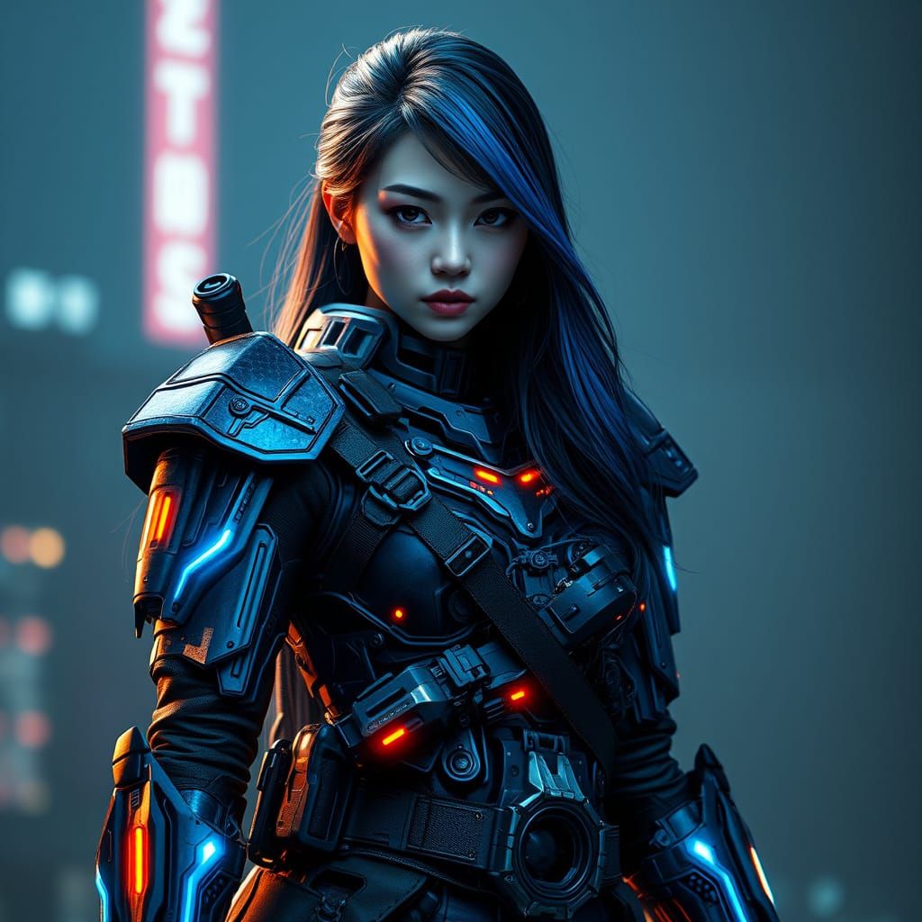 Cyberpunk Chinese Superheroine in High-Tech Armor