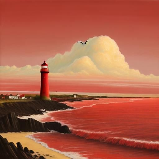 Red Beach Landscape with Distant Lighthouse in Pastel