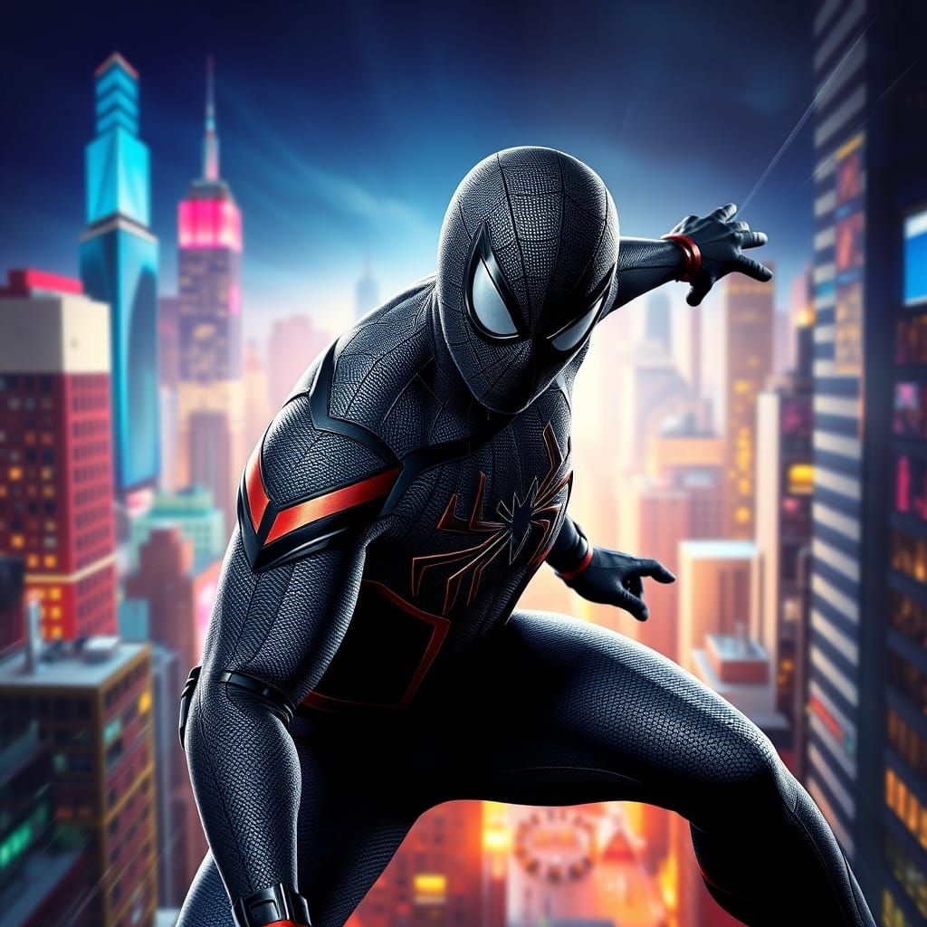 Hyperrealistic Spiderman in Black Suit, Comic Book Style