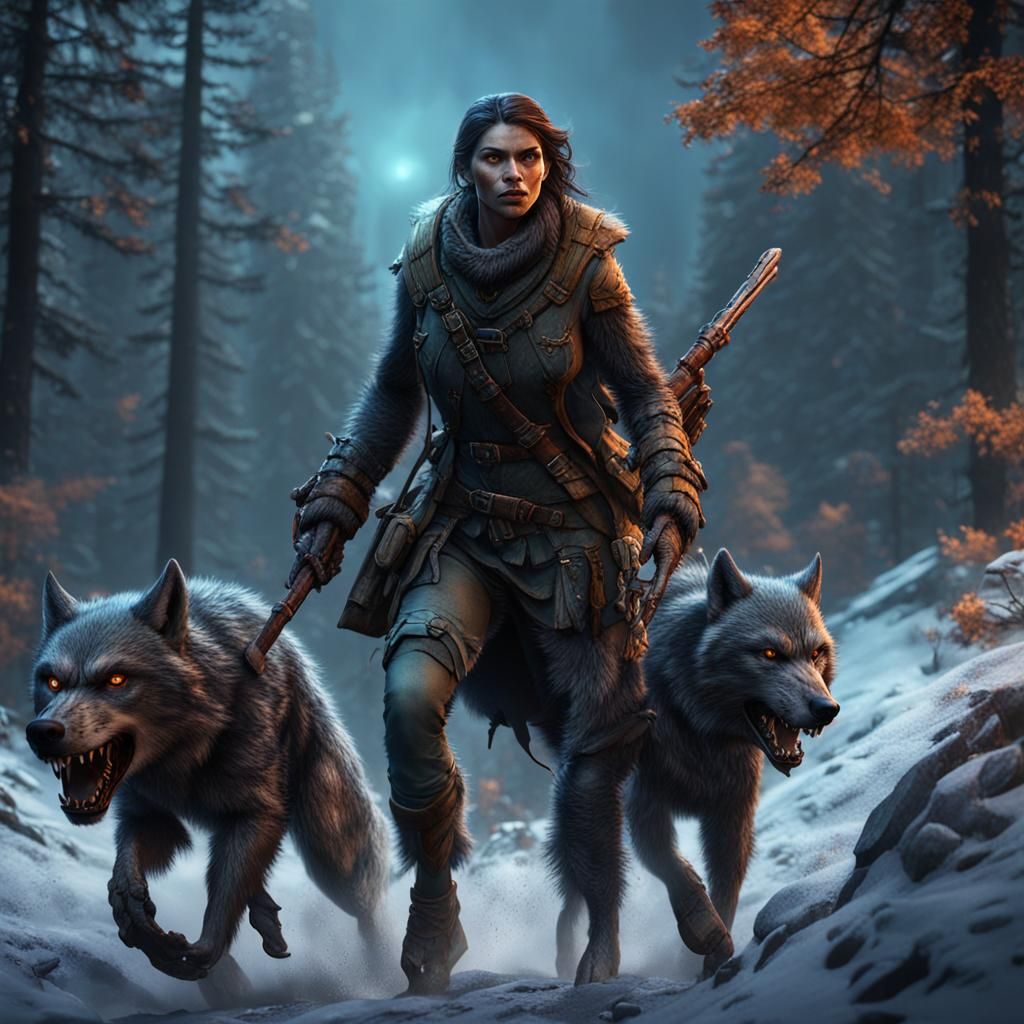 Female Werewolf Hunting with Pack: Fantasy Art