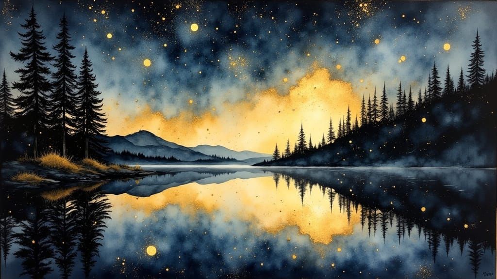 Mirror Lake at Night in Watercolor and Ink