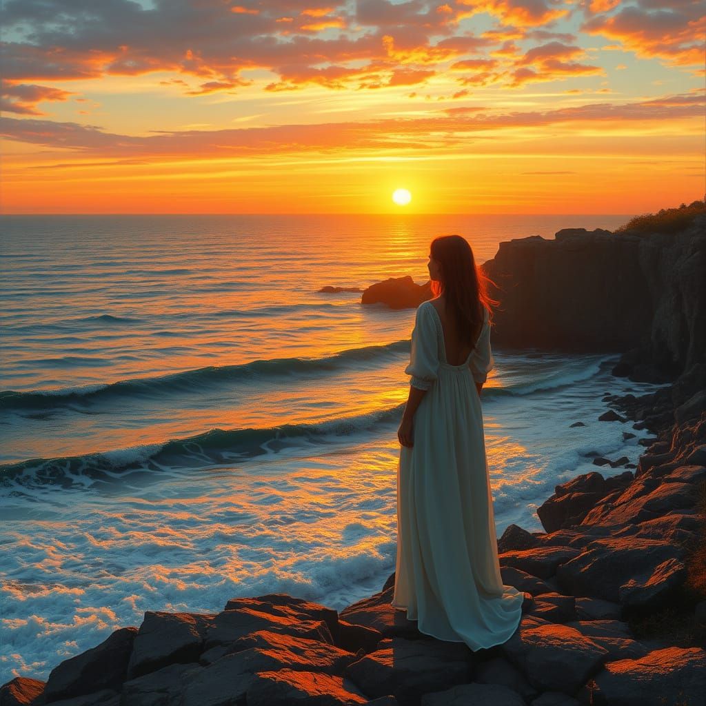 Woman Gazing at Sunset Landscape