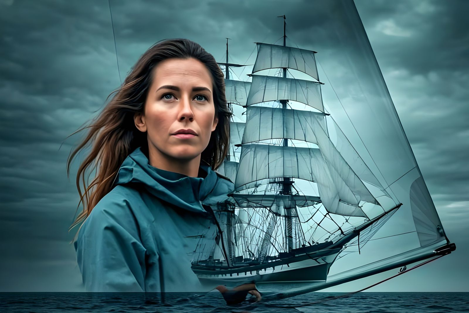 Sailing Woman Confronts Dark Ominous Skies in Double Exposur...