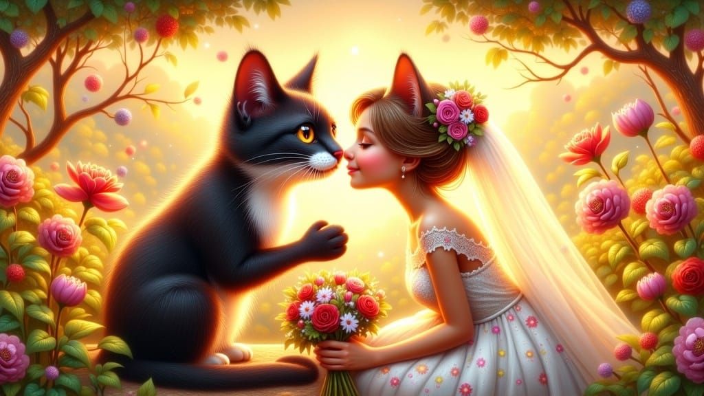 Chonky Tuxedo Cat and Calico Bride in Garden