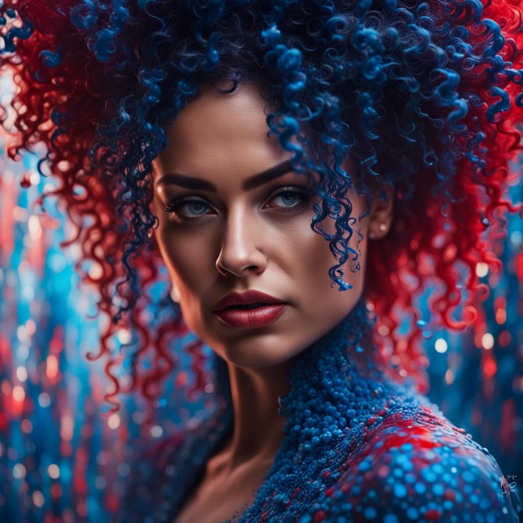 Beautiful Woman with Blue and Red Hair as Digital Art
