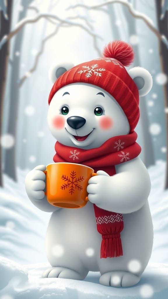 Vibrant Polar Bear in Winter Wonderland as Anime-Inspired Di...