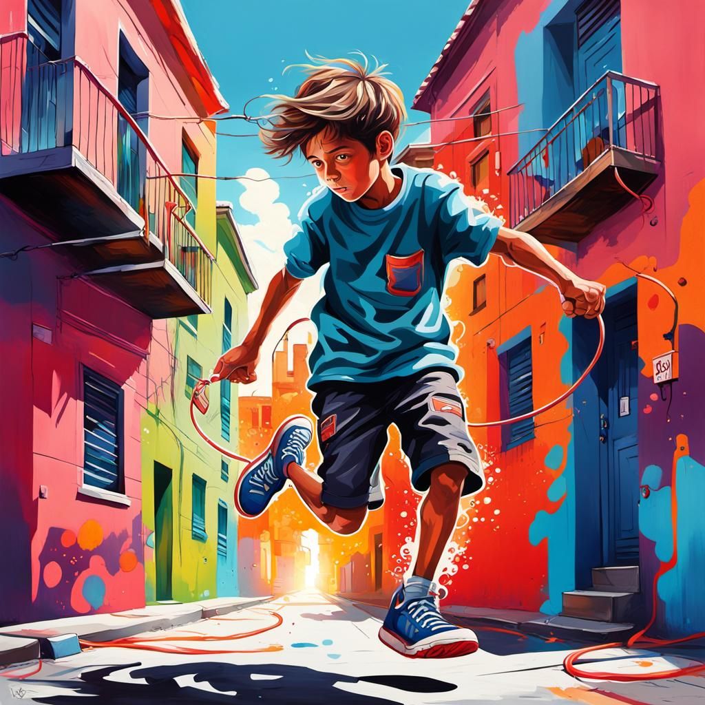 Boy with Giant Foot Plays Hopscotch