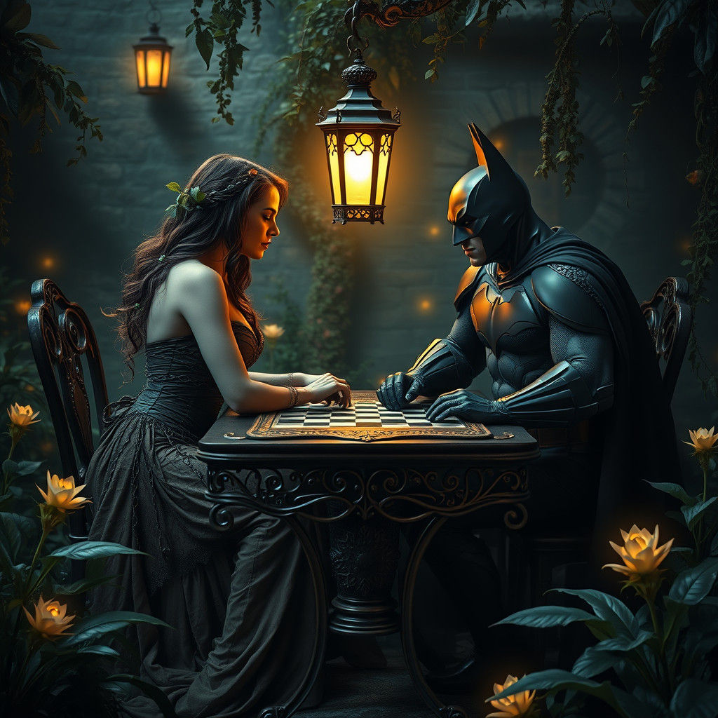 Poison Ivy and Batman Play Chess in Botanical Garden