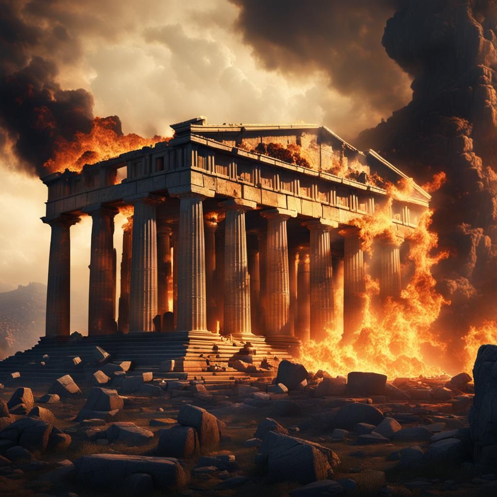 Burning Ancient Greek Temple: Epic Digital Painting