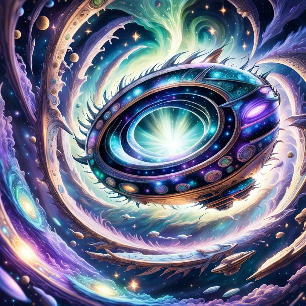 Iridescent Spaceship Emerges from Purple Wormhole