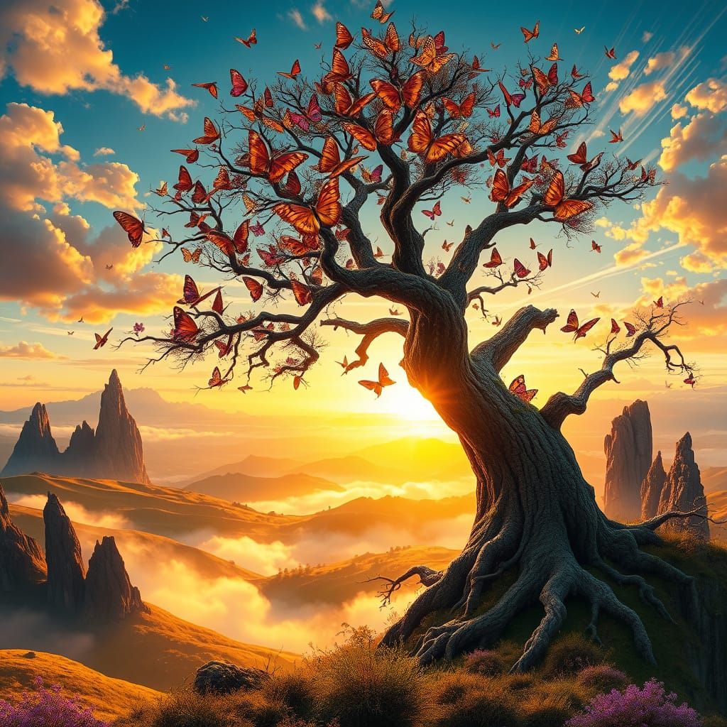 Majestic Tree in Surreal Landscape with Vibrant Butterflies
