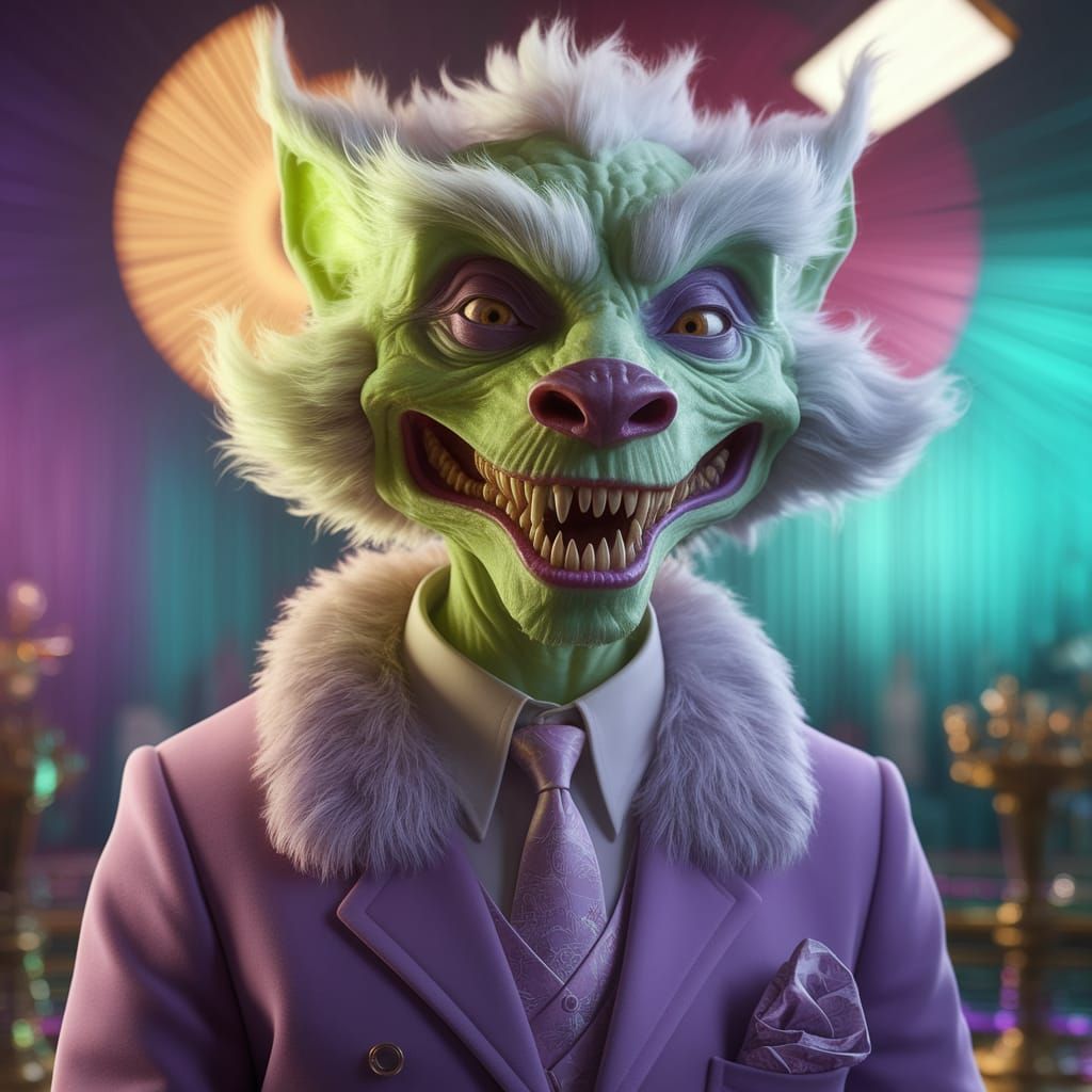 Surreal Alien Auctioneer in Vibrant, Ethereal Landscape