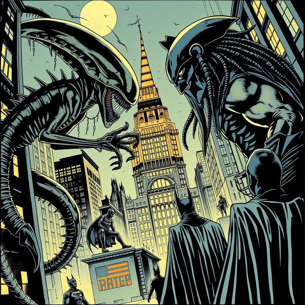 Alien vs Predator vs Batman in Gothic Comic Style