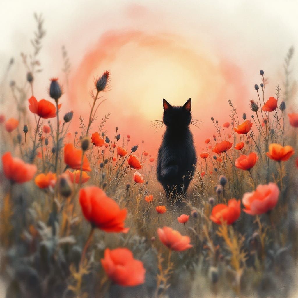 Black Cat in Poppy Field Watercolor Sunrise