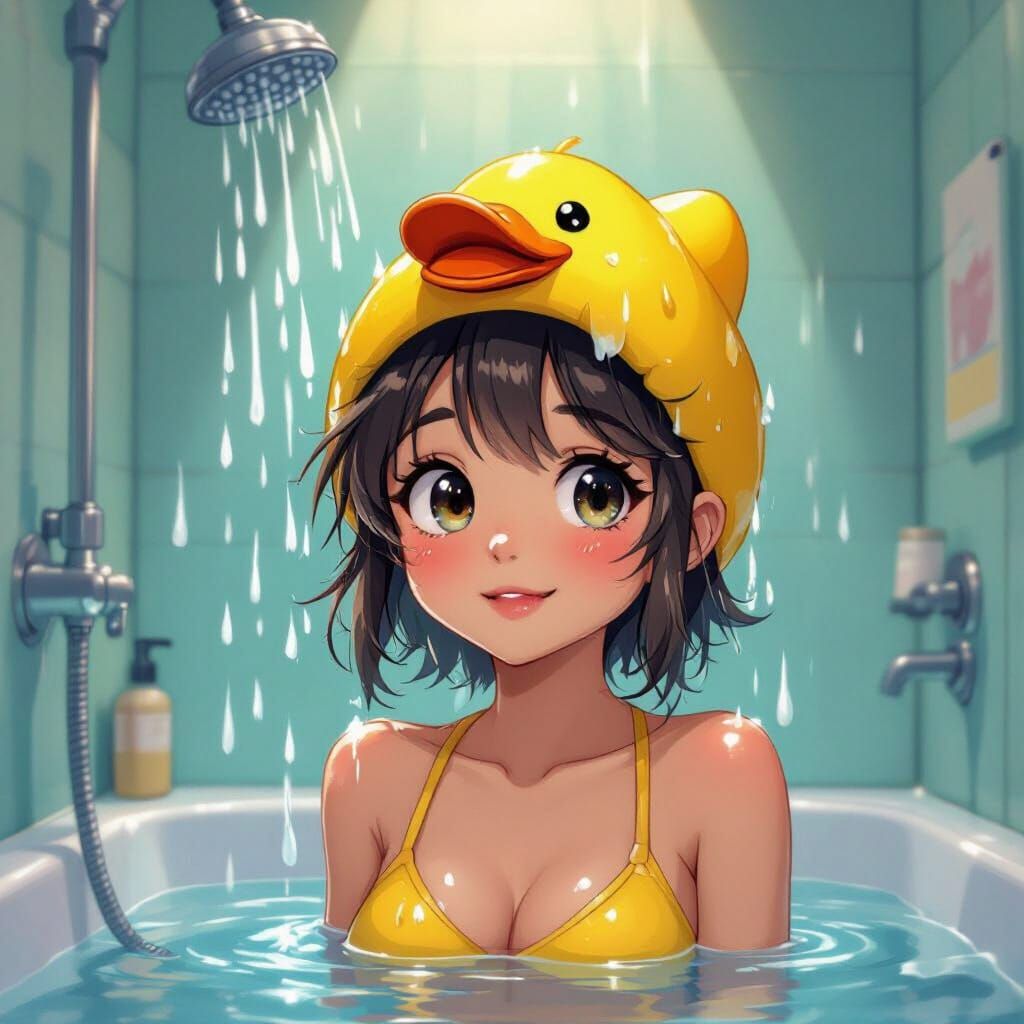Furry Girl in Shower with Yellow Shower Cap