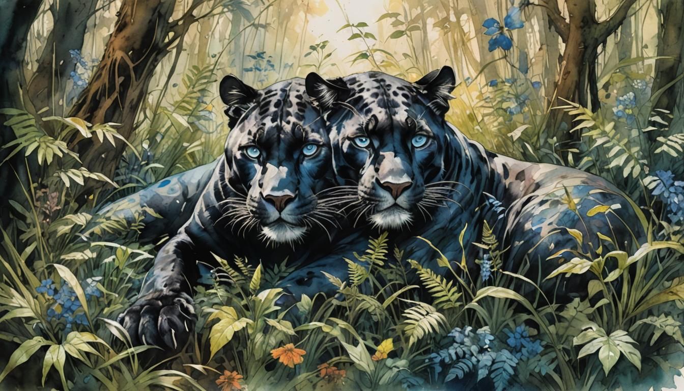 Panther in Watercolor and Ink Illustration