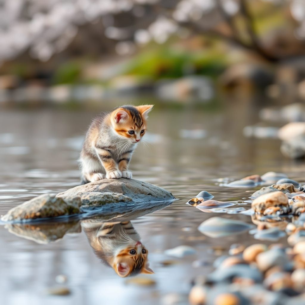 Kitten Contemplates Springtime Reflection