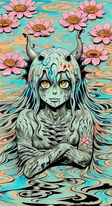 Anime Mud Monster Girl with Swamp Flowers