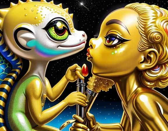 Gecko Kissing Moon in Graffiti Art Style