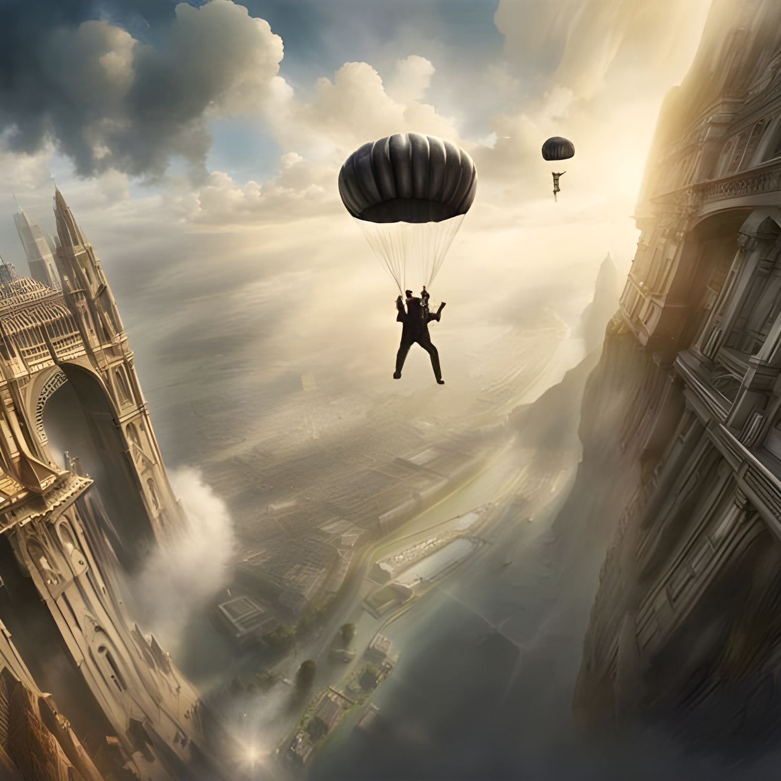 Parachute open! Over a foggy beautiful scenery