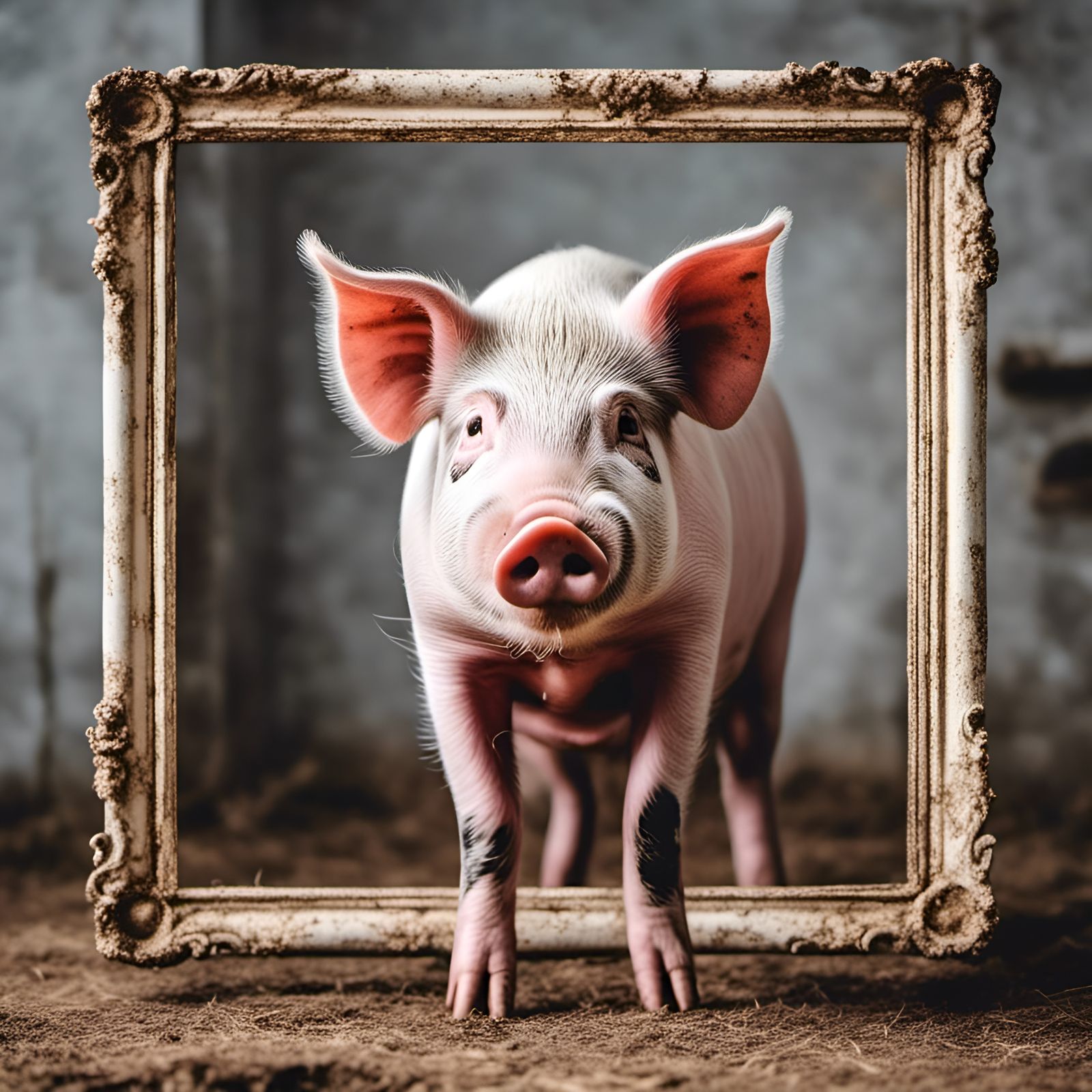 Pig Poses with Picture Frame on Farm