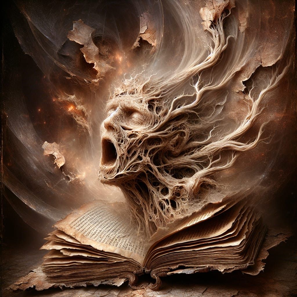 An Ancient Book's Tormented Face in a Forgotten Forest