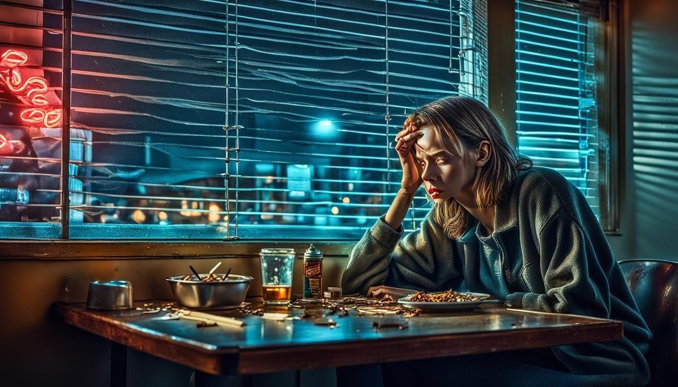 Melancholy Woman in Motel Room at Night