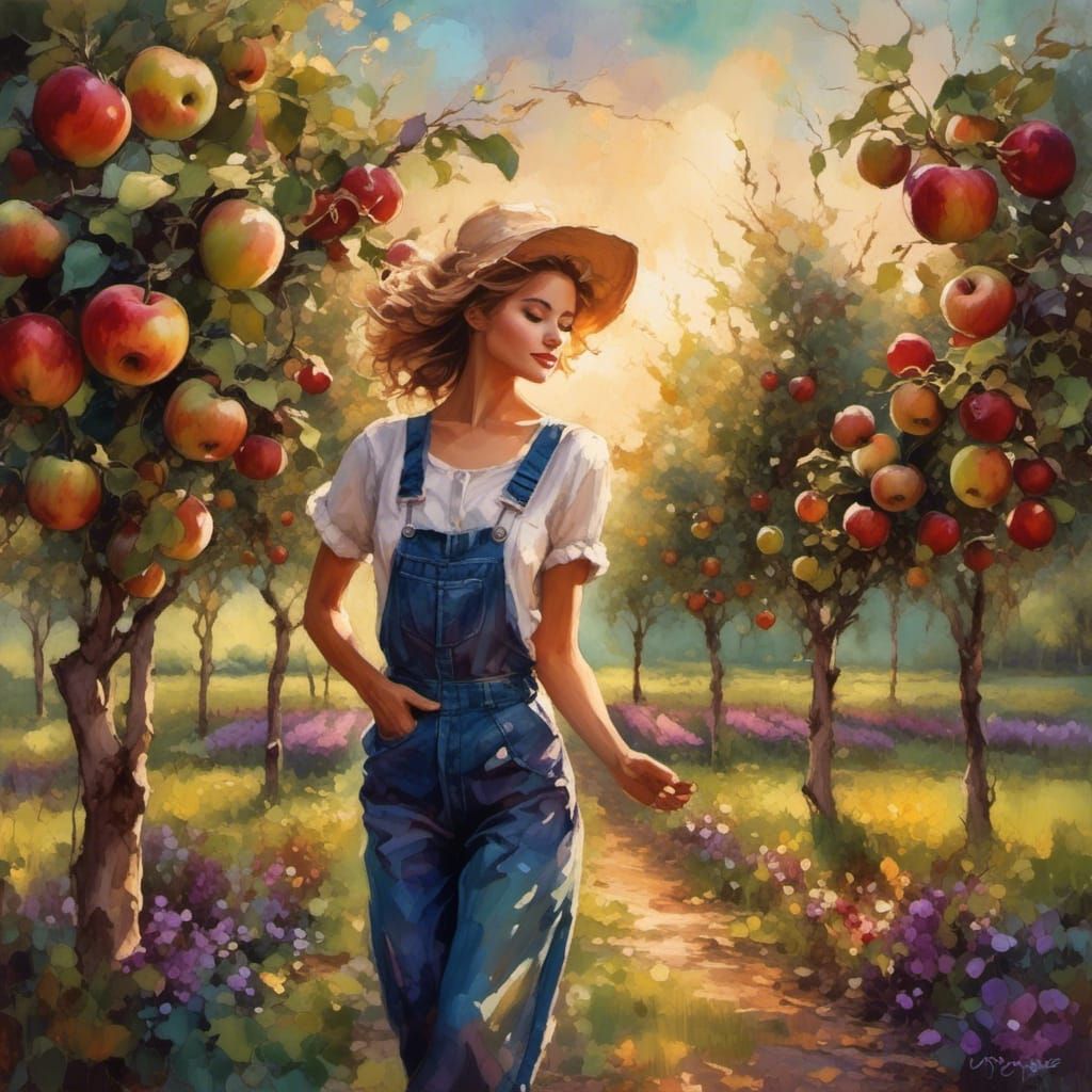 Apple Orchard Dance: A Matte Painting in Art Nouveau Style
