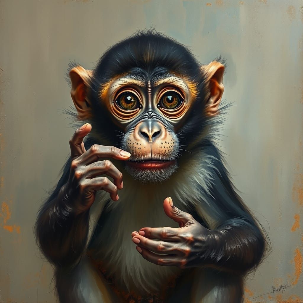 Monkey Imitates Human in Expressive Oil Painting