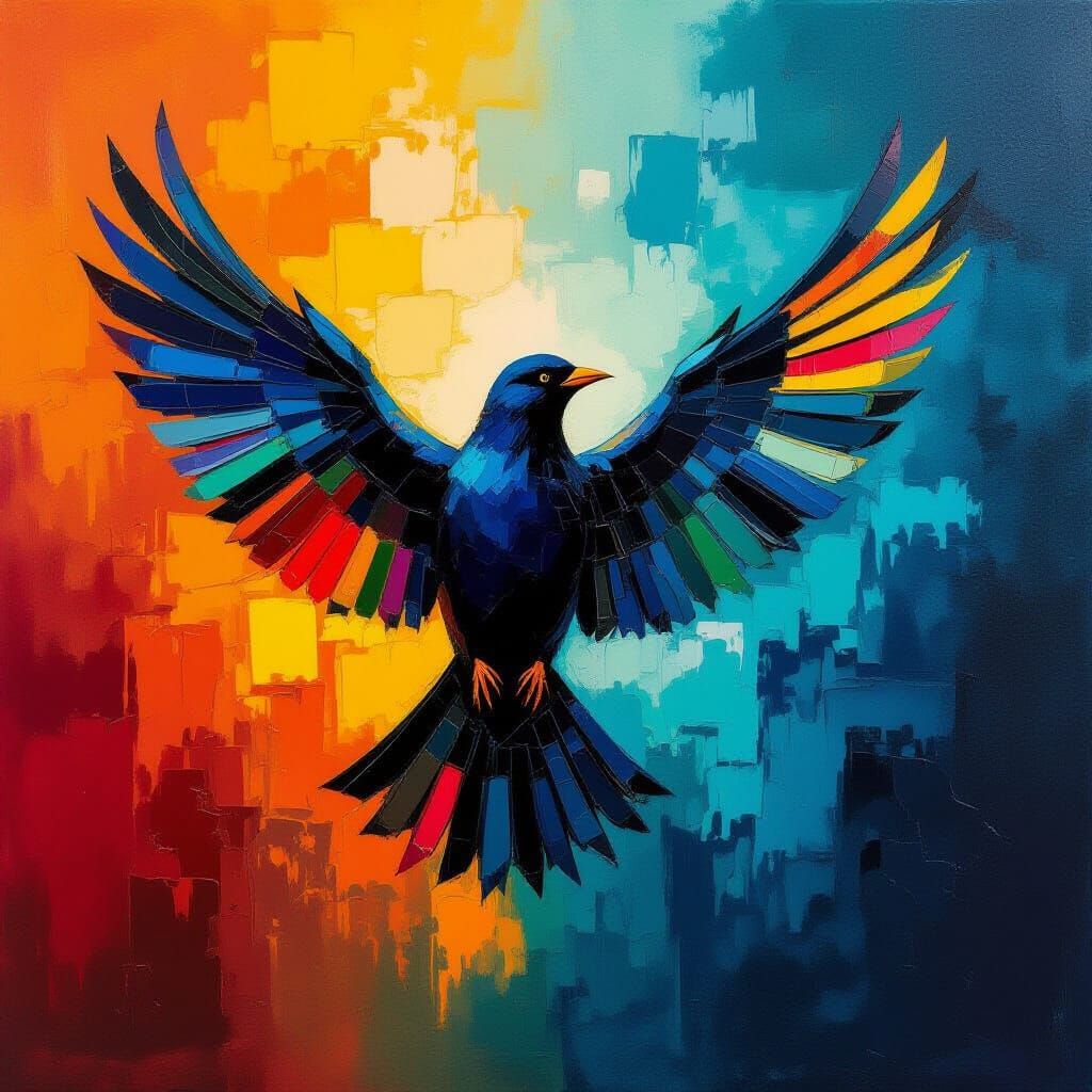Abstract Bird Painting with Vibrant Contrasts and Tactile St...