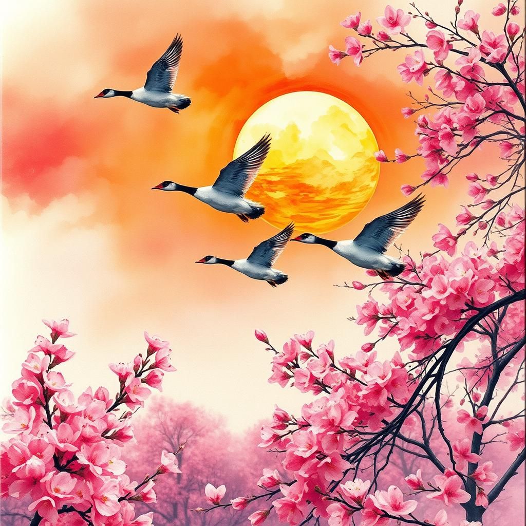 Geese Flying Over Cherry Blossoms at Sunset
