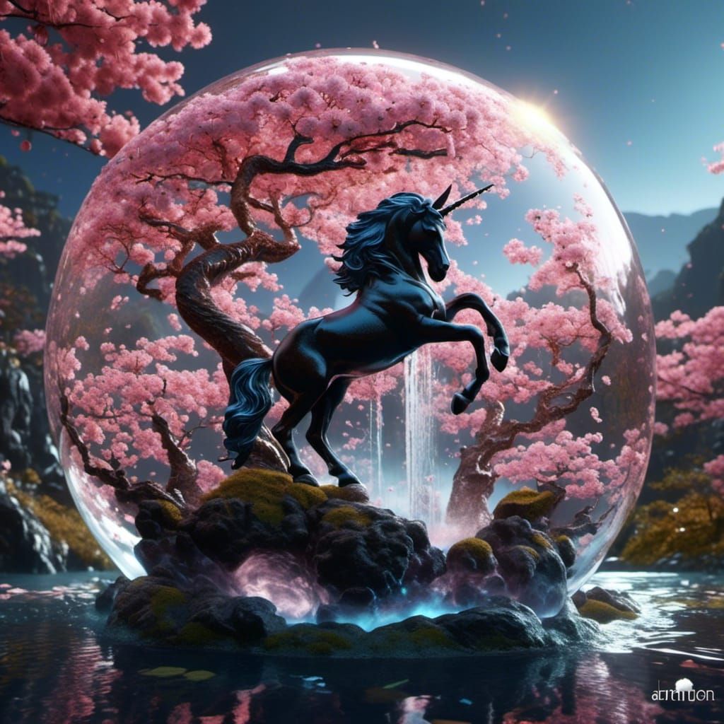 <lora:Experiment 3:1.0> Glass sphere containing ( black unicorn) sparkling, moon, waterfall, cherry blossoms