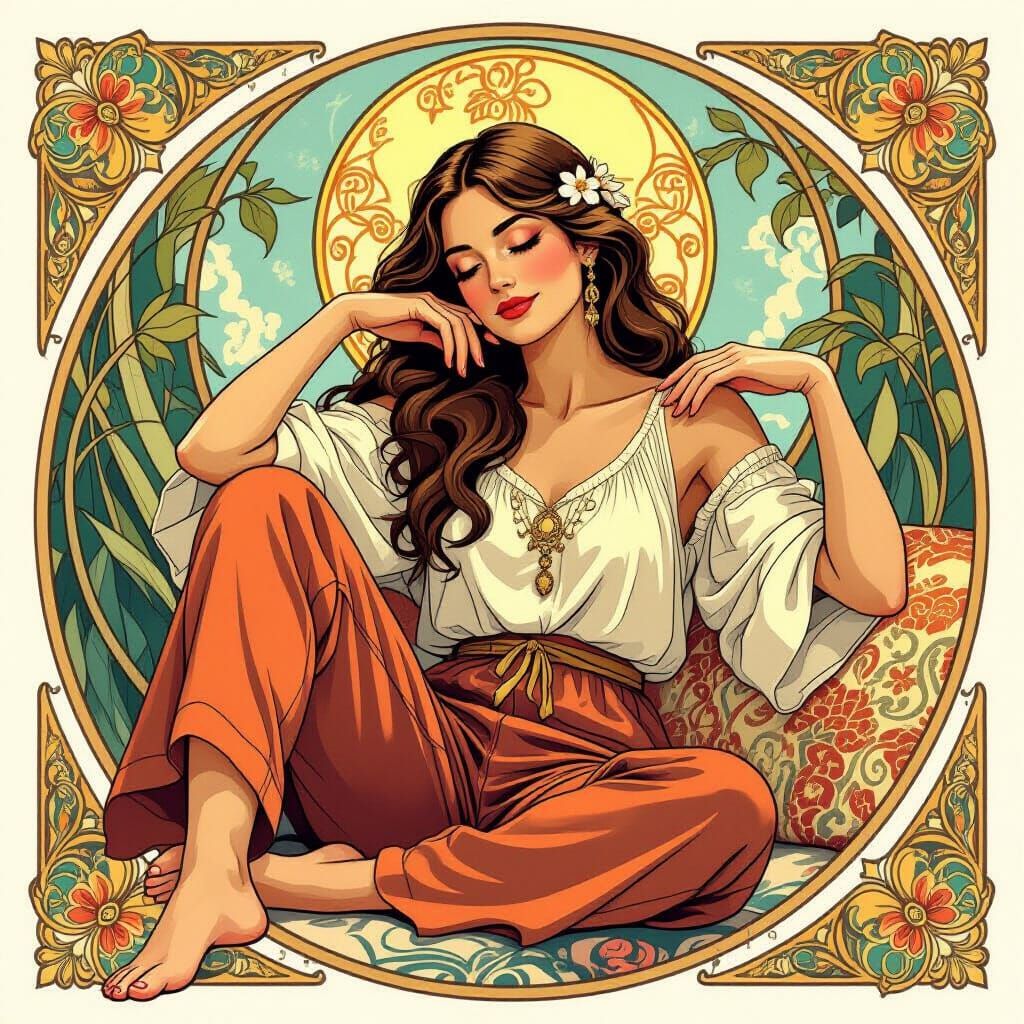 Goddess Katie Relaxing in Serene Art Nouveau Style