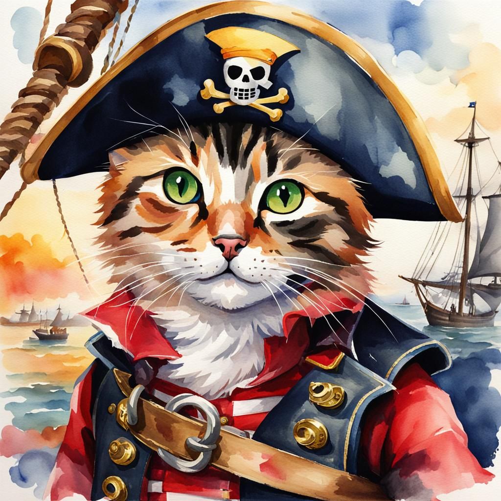 Pirate Cat Ready for Battle in Watercolours