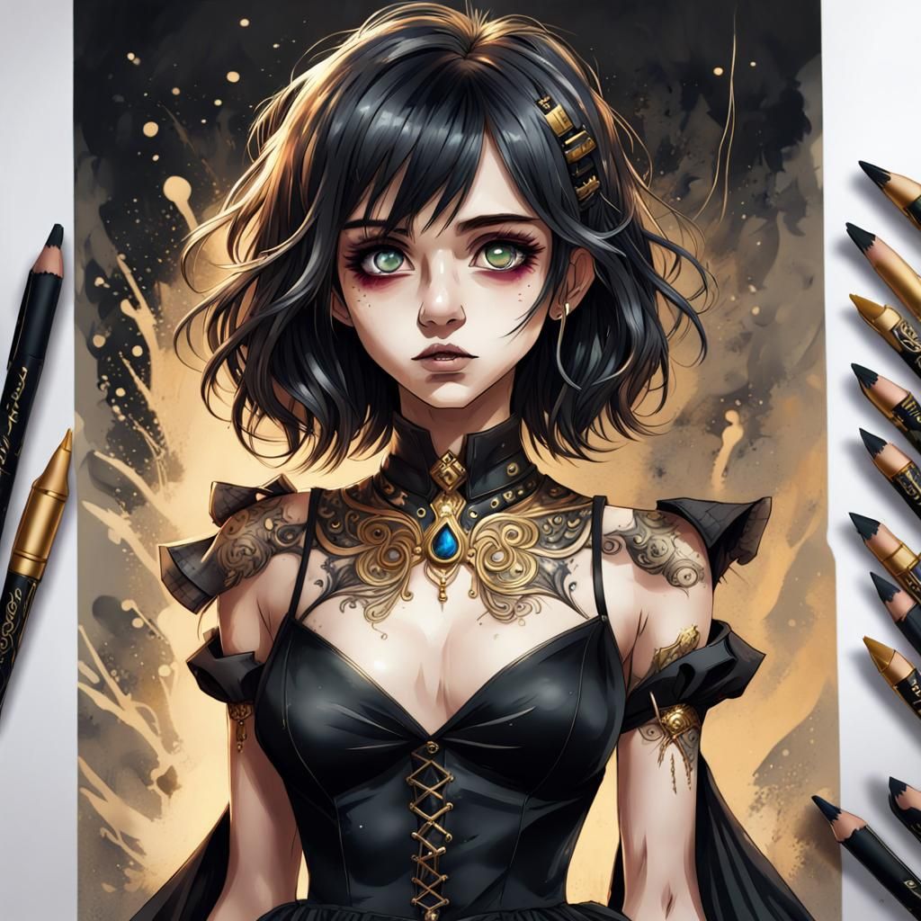 Gothic Emo Manga Drawing with Golden Highlights