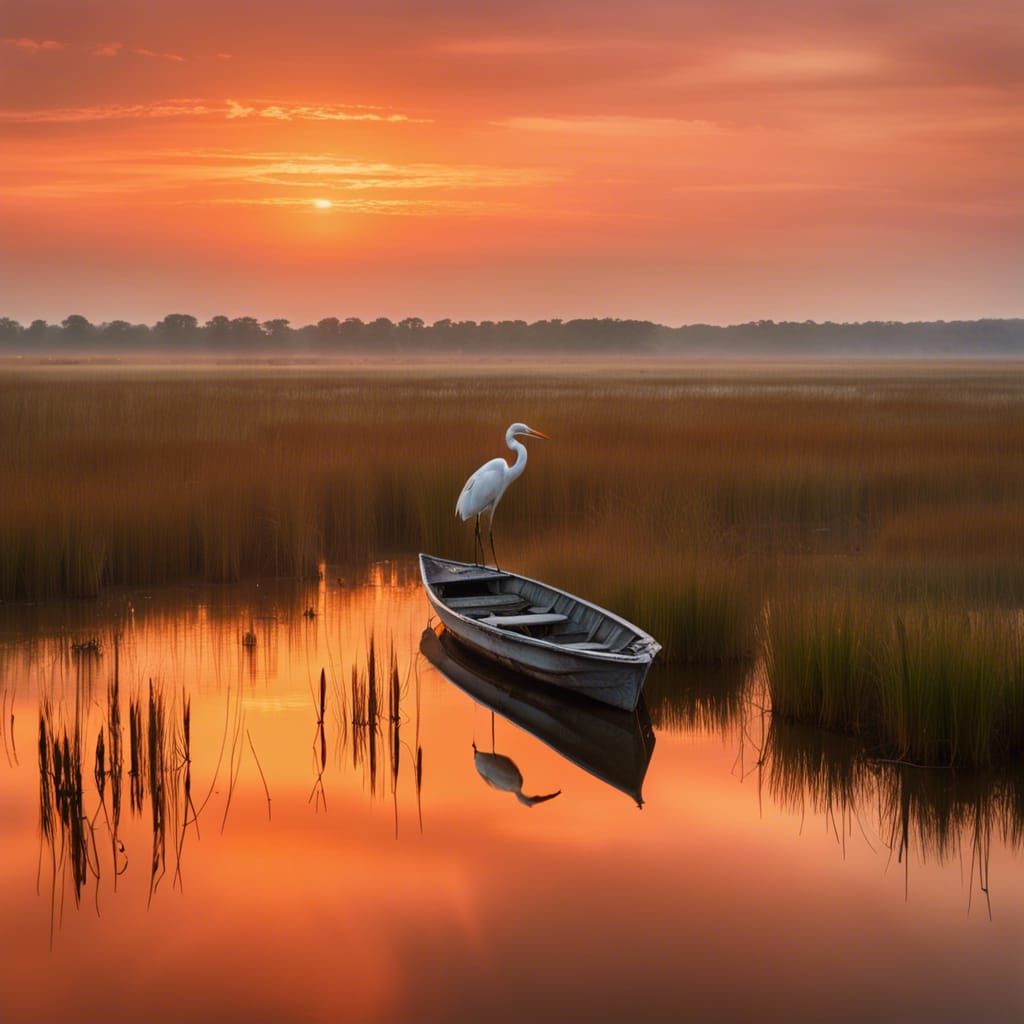 Egret at Dawn in Marsh Landscape, Watercolor Style